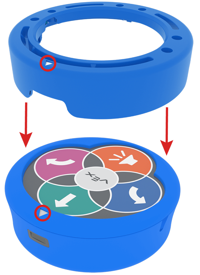 Diagram of how to line up the arrows on the Art Ring and the 123 Robot when attaching it to the top of the Robot. The Art Ring has a front arrow in the same place the 123 Robot does, so aligning these will align the two properly.