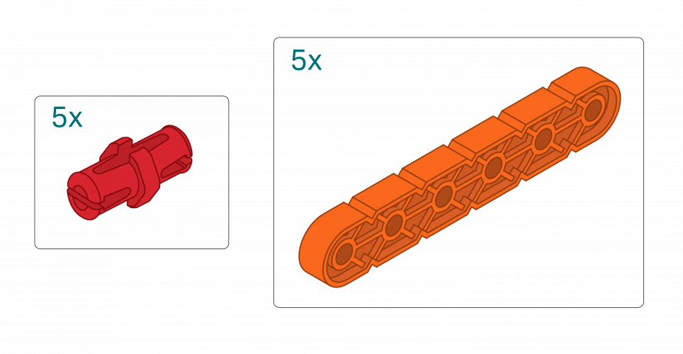 इस निर्माण में उपयोग किये जाने वाले अतिरिक्त टुकड़ों का आरेख। इसमें 5 लाल पिन और 5 नारंगी बीम सूचीबद्ध हैं।