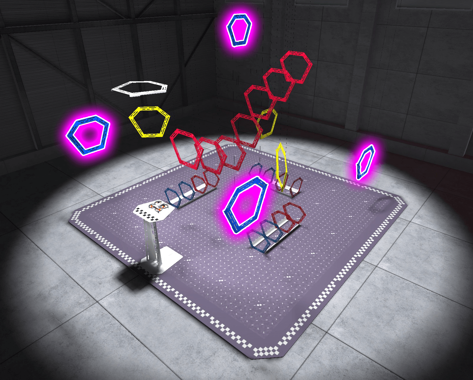 An aerial view of the Rings layout in the VEX AIR Flight Simulator, with the four blue rings, one in each corner at various heights, highlighted.