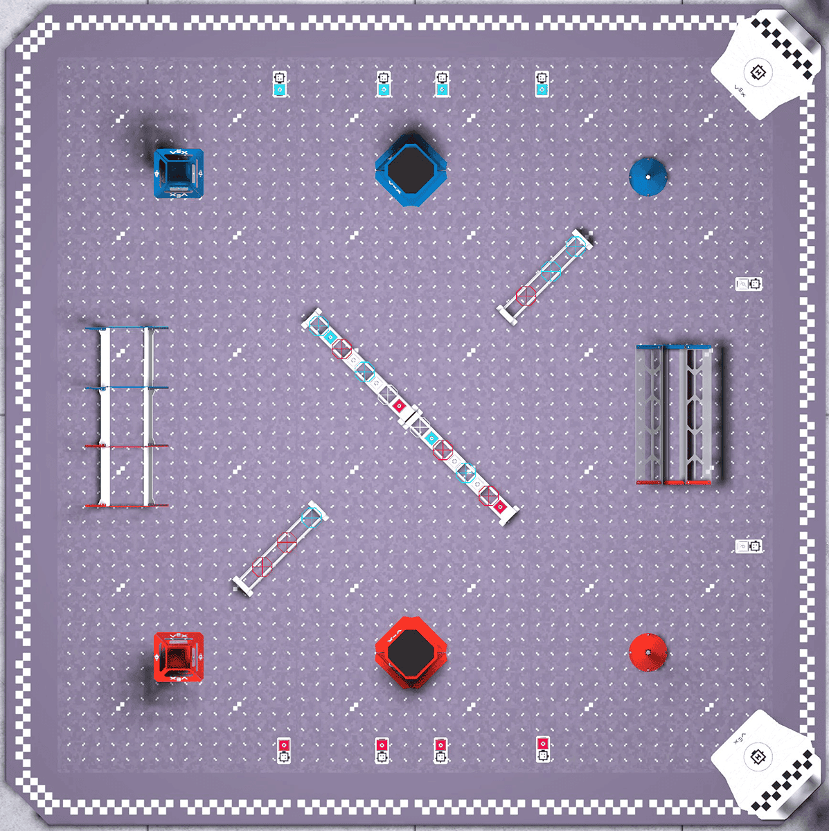 Top down view of the VEX AIR Drone Simulator competition layout showing blue cargo across the top of the image and a platform in the upper right corner. The next row of elements on the layout are a blue drop tower, blue cargo platform, blue pole goal. Across the middle of the layout, there is a ring tunnel, a short rack, a long rack and another short rack. These contain orbit balls and cargo. Over by the right border of the layout there is a drop zone. Moving towards the front of the field, from left to right, are the red drop tower, the red cargo tower and the red pole goal. Under that is a row of four red cargos. In the bottom right corner is another platform. There are two white cargos behind the drop zone against the right edge of the layout.