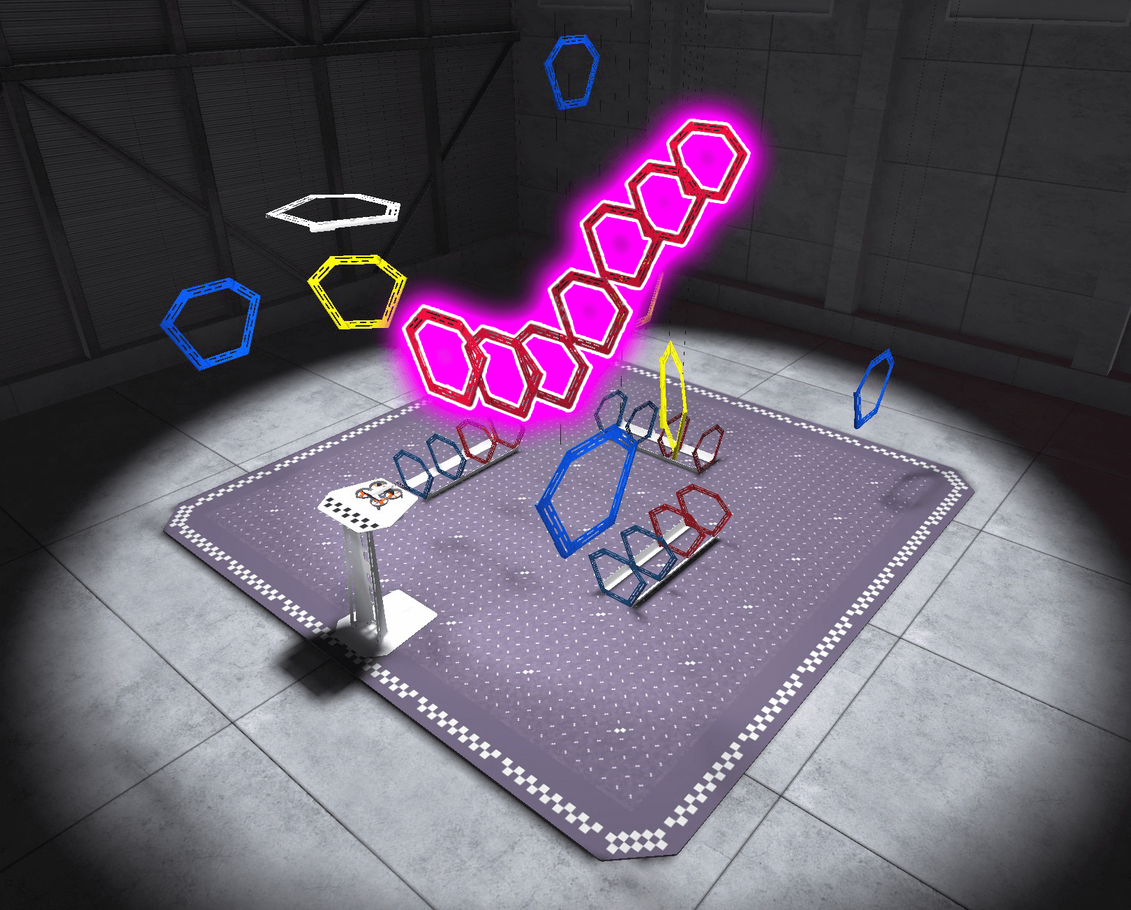 An aerial perspective view of the Rings layout in the VEX AIR Flight Simulator, with the tunnel of red rings highlighted in the center of the field. The tunnel starts in the center, then scoops downward for three rings, then swings upward for the final four rings.