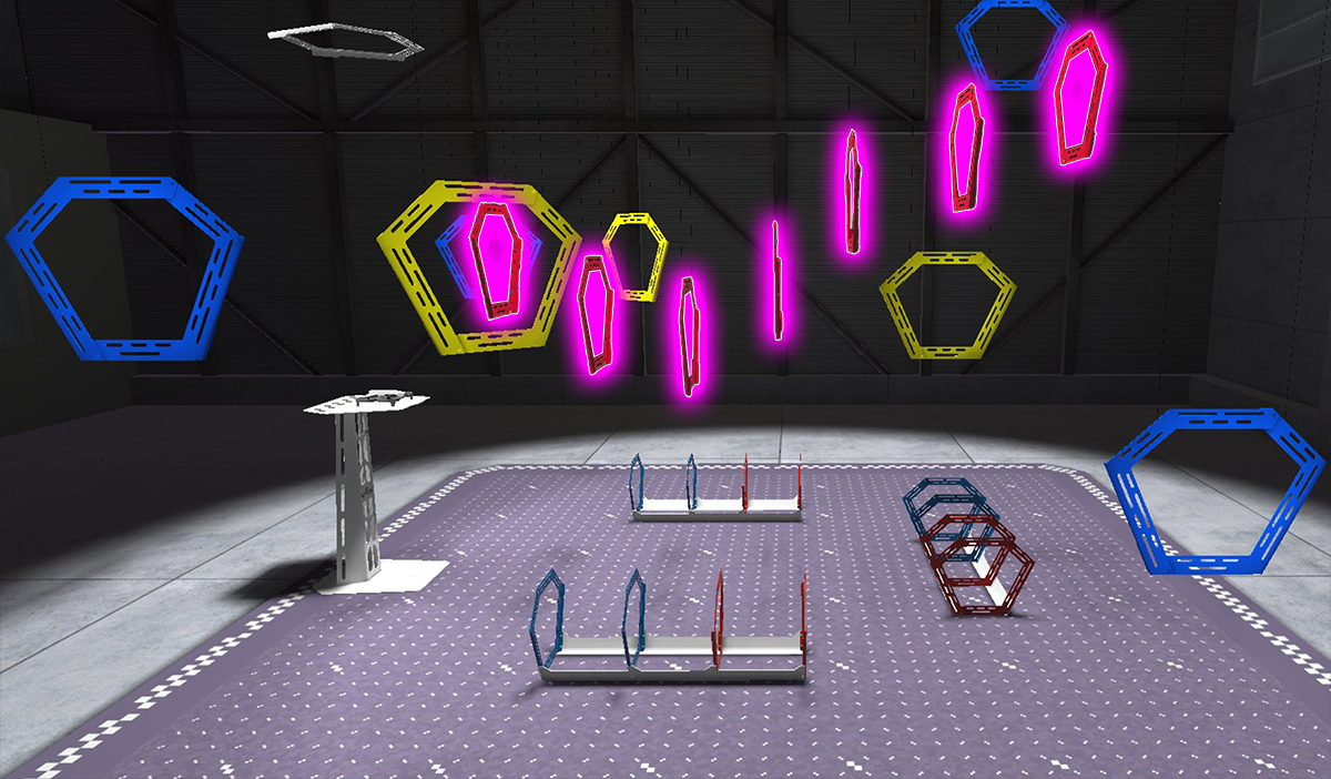 An aerial perspective view of the Rings layout in the VEX AIR Flight Simulator, with the tunnel of red rings highlighted in the center of the field. The tunnel starts in the center, then scoops downward for three rings, then swings upward for the final four rings.