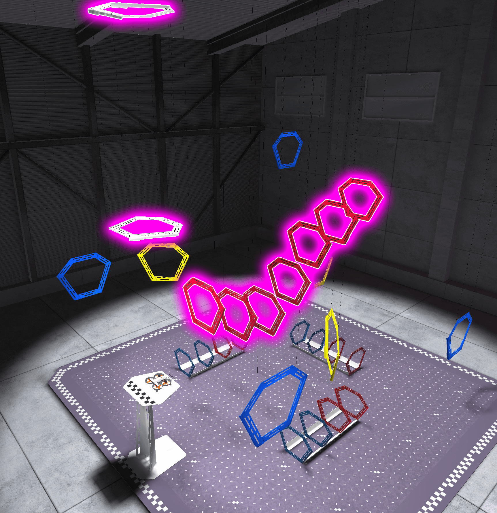 An aerial view of the VEX AIR Flight Simulator Ring layout with all of the red and white rings highlighted, indicating which rings to fly through in the mission.