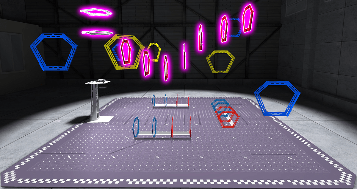 An side view of the VEX AIR Flight Simulator Ring layout with all of the red and white rings highlighted, indicating which rings to fly through in the mission.