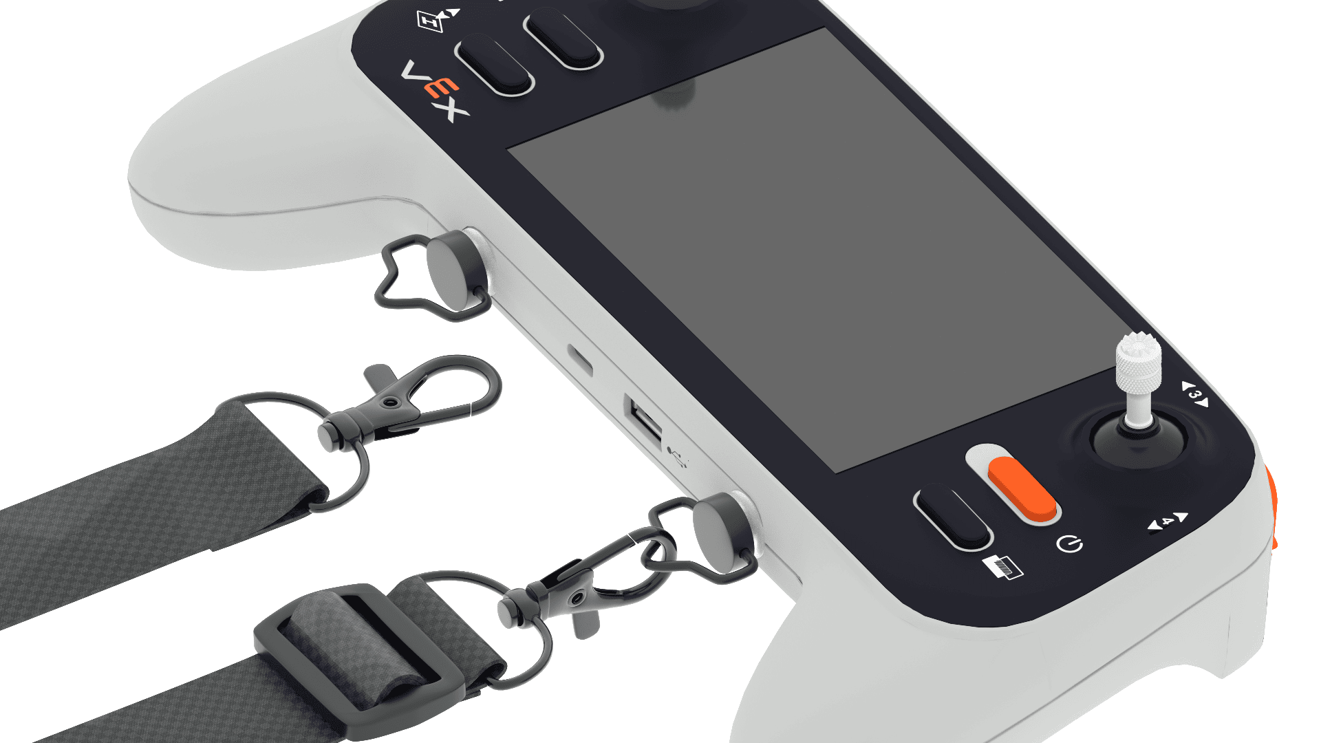 A close up of the Controller showing the Lanyard mounts screwed into the bottom and the lanyard clipped to one side, with the clip ready to attach to the other.