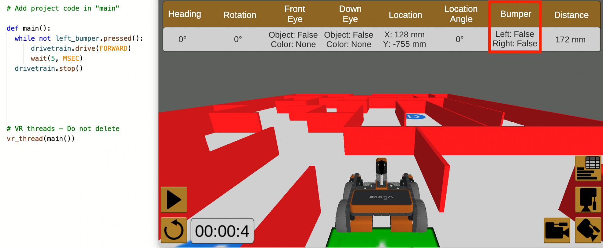 image of bumper sensor data reporting false in VR dashboard