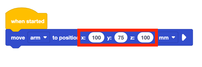 VEXcode EXP Move 6-Axis Arm to Position block, with the three position input parameters called out in a red box to indicate that they can be changed. The values read x 100 y 75 and z 100.