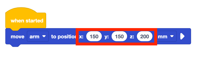 VEXcode EXP Move 6-Axis Arm to Position block, with the three position input parameters called out in a red box. The values have been changed and now read x 150 y 150 and z 200.