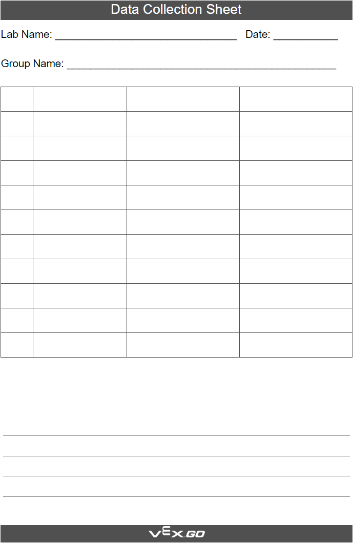 Blank Data Collection Sheet, with a data table with 4 columns at the top of the sheet and a space for notes at the bottom of the sheet.