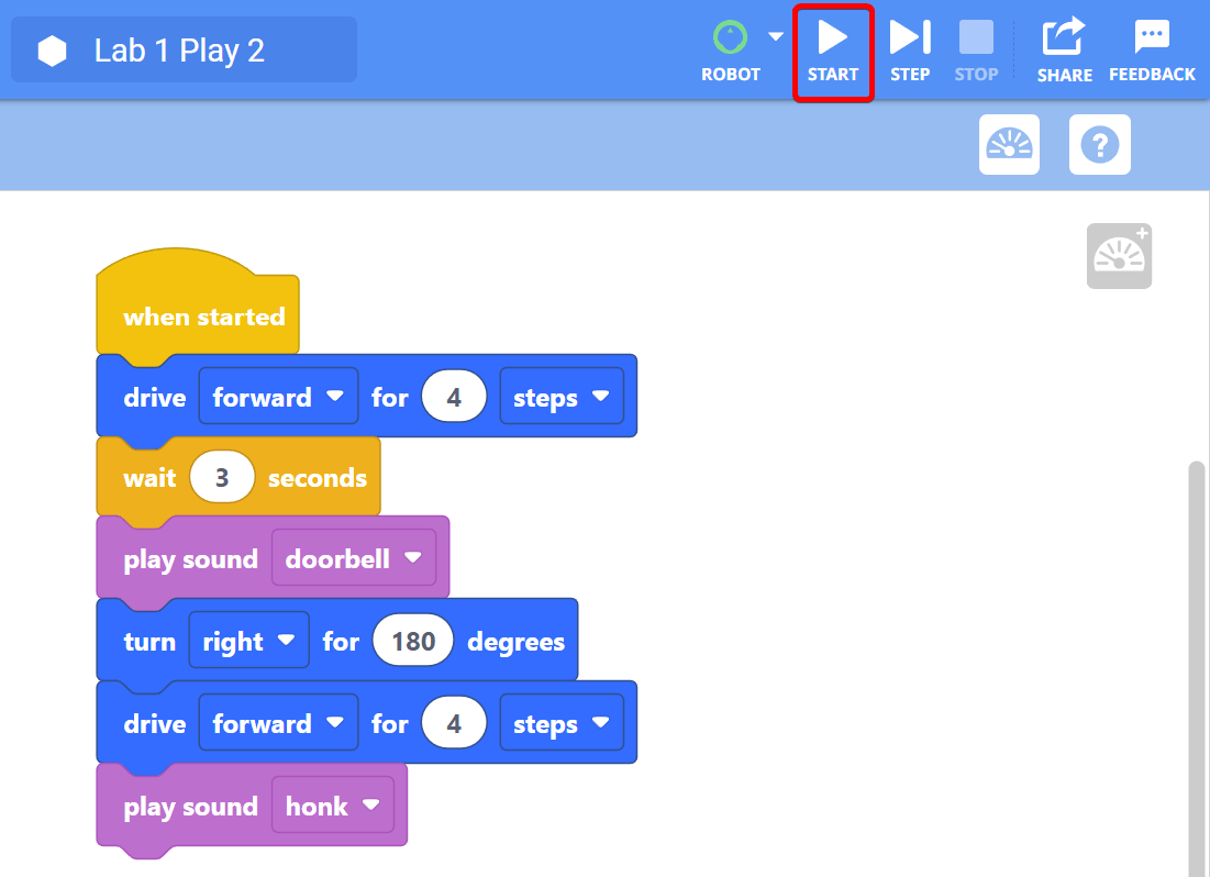 VEXcode 123 Toolbar with the Start button called out in a red box, in between the Robot and Step icons.