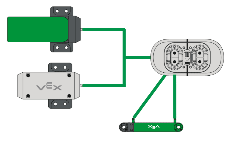 The same diagram as above, but with a cylinder connected to the solenoid with two tubes, making a full pneumatic system.