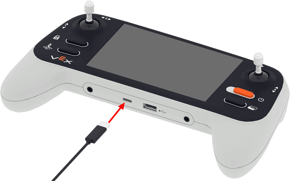 A VEX AIR Drone Controller showing the USB-C end of a cable positioned to be inserted into the USB-C port on the bottom of the controller.