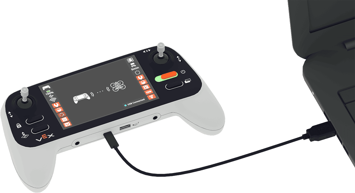 A Controller on the left with the USB-c cable connected and powered on, with the wire connected to a computer.