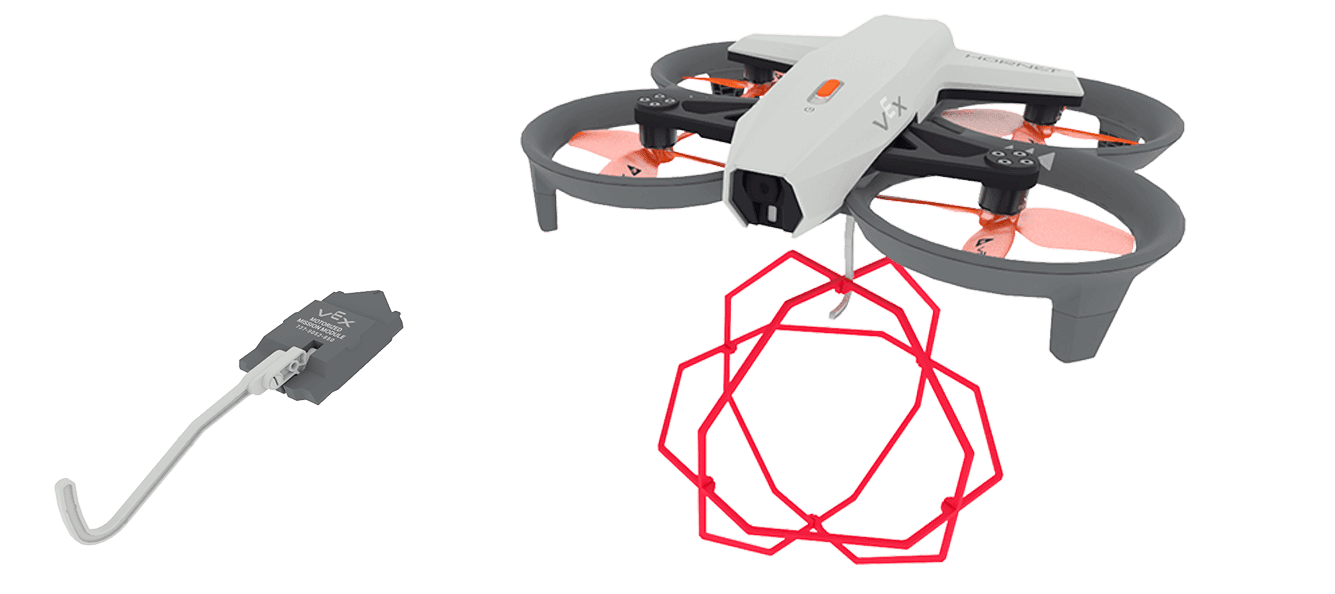 The VEX AIR Drone flying with an orbit ball attached to the Motorized Hook Module. A motorized hook is also shown to the left, with a long white hook extending directly out of the rectangular module, as if it is retracted.