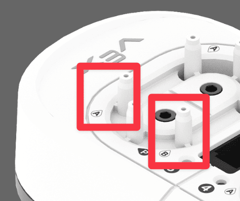 Diagram of the CTE pneumatic system with the solenoid input labeled with the letter P and the cylinder outputs labeled with the letters A and B. The labels are called out with red boxes.