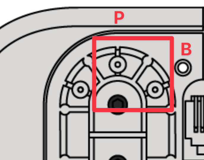 Close up of the solenoid with the b and p channels highlighted with a red box.