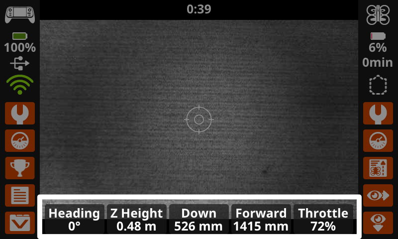 The Drone Controller screen showing the down camera view with the data displayed across the bottom of the screen.