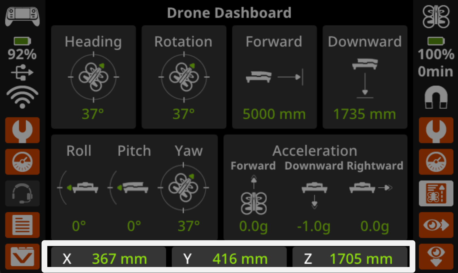 The Drone Dashboard on the controller screen is shown with drone data. The bottom of the dashboard has the X, y, and z coordinate values horizontally, and that row of data is highlighted.
