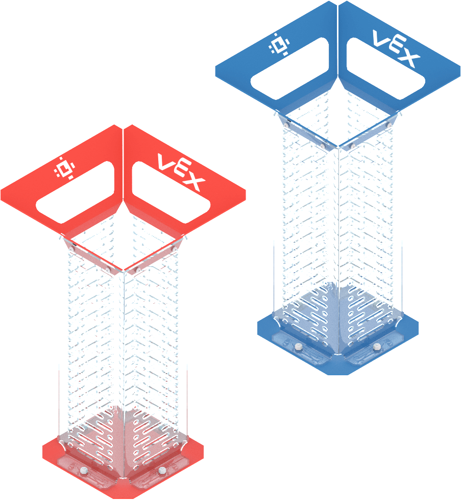 A red and blue Drop Tower, tall square shaped tunnels with a funnel like opening at the top.