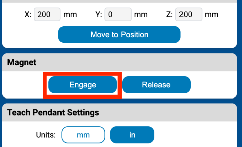 Magnet section of the Teach Pendant with the Engage button called out.