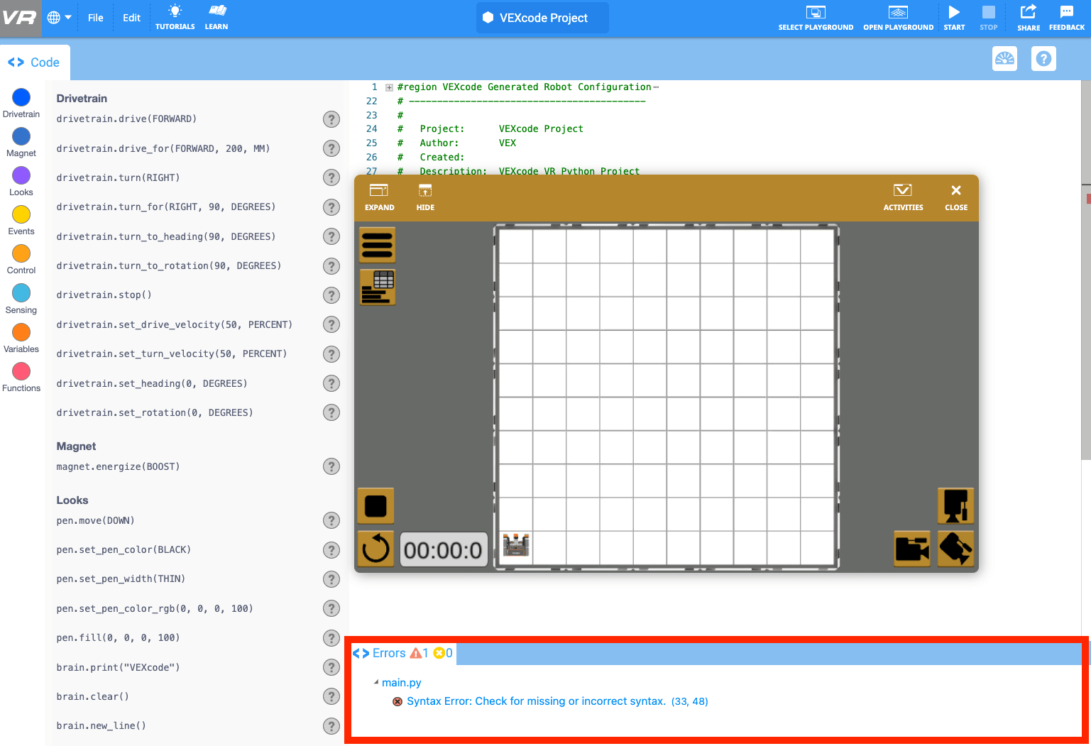 VEXcode VR Enhanced interface with the Error Panel open and the Error details displayed. The Error Panel is in the lower right corner of the interface at the bottom of the Workspace.