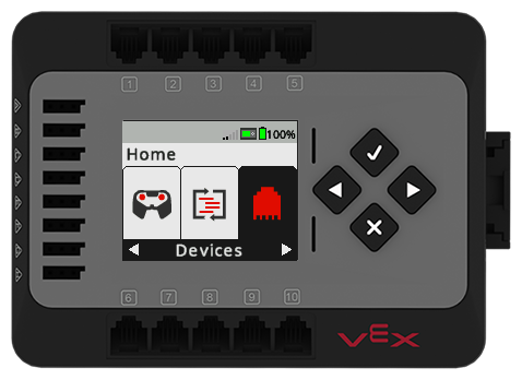 EXP Brain is shown with the Home Screen open. The bottom of the screen reads Devices, and the Device icon to the far right is highlighted.