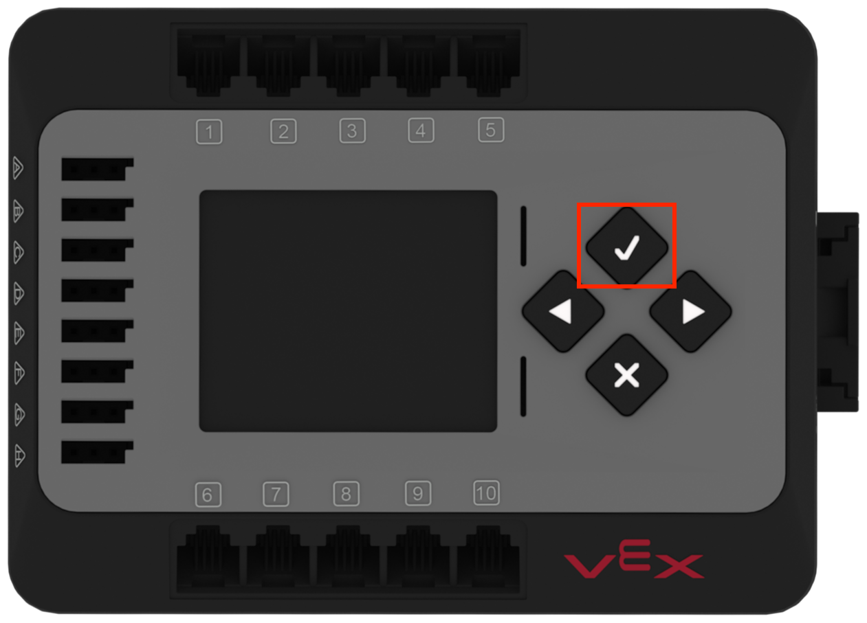 The EXP Brain turned off with the Check button highlighted in a red box. The Check button is located to the right of the screen, at the top of the diamond of buttons. 