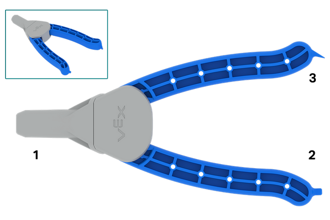 पिन उपकरण आरेख जिसमें खींचने वाले उपकरण को 1 के रूप में लेबल किया गया है, धकेलने वाले उपकरण को 2 के रूप में लेबल किया गया है, और लीवर उपकरण को 3 के रूप में लेबल किया गया है जो पिन उपकरण के तीन उपयोगों को इंगित करता है।