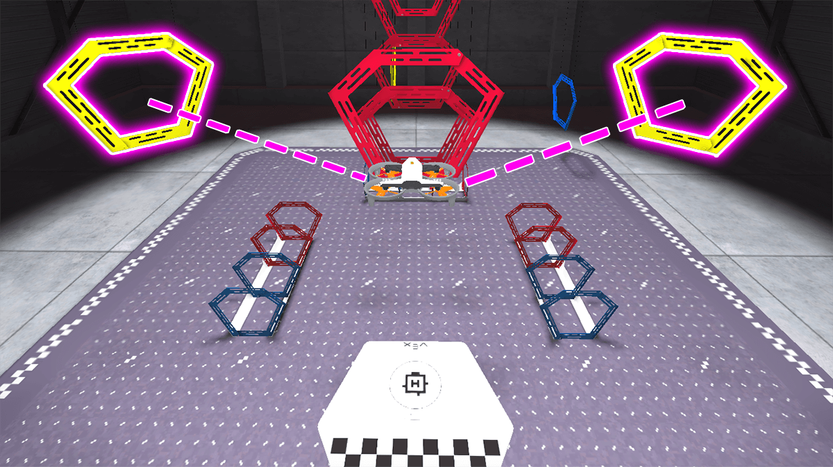 The drone hovers above the platform, with the left and right yellow rings higlighted. A dotted line path shows the v-shape the drone should fly in to complete the mission.
