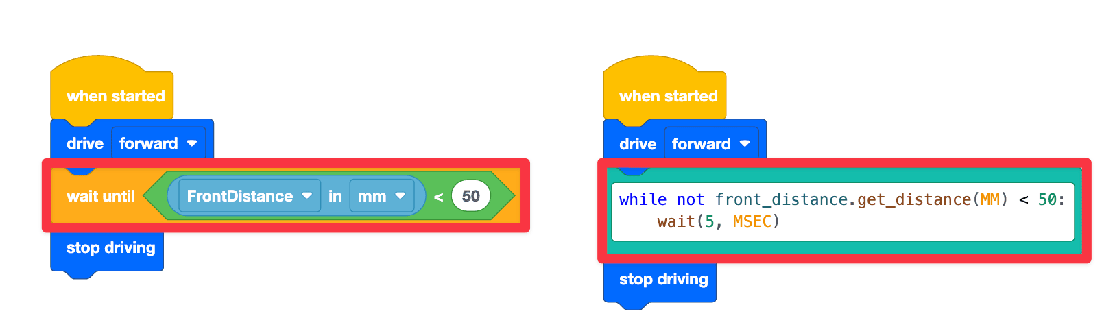 A comparison of our VEXcode VR project, with the Wait Until block converted to a switch block on the right side. The new switch block reads in Python 'while not front_distance.get_distance(MM) < 50: wait(5, msec)'.