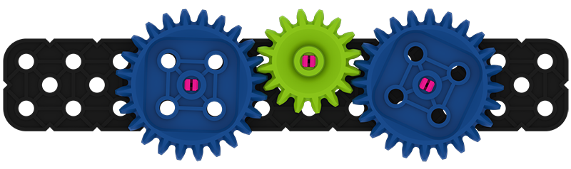 Gear demo build, with three gears connected to one beam using pins. From left to right there is one blue gear, one green gear, and then another blue gear. The gears teeth are contacting each other so that they will create a mechanism.