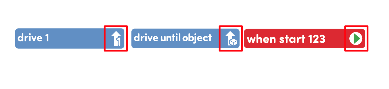 Coder cards with the different icons highlighted. From left to right there is a Drive 1 card, a Drive until object card, and a When start 123 card.