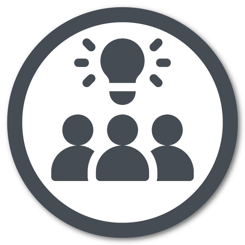 Grey icon of three people with a lightbulb over their heads symbolizing communication between team members.