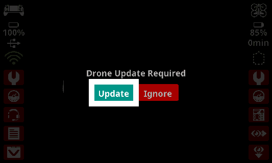 Screenshot from the Controller screen with a prompt reading Drone Update Required. A green button is underneath and highlighted that reads Update.