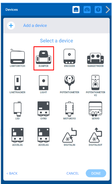 Image of the device configuration in VEXcode V5 with the Bumper option highlighted