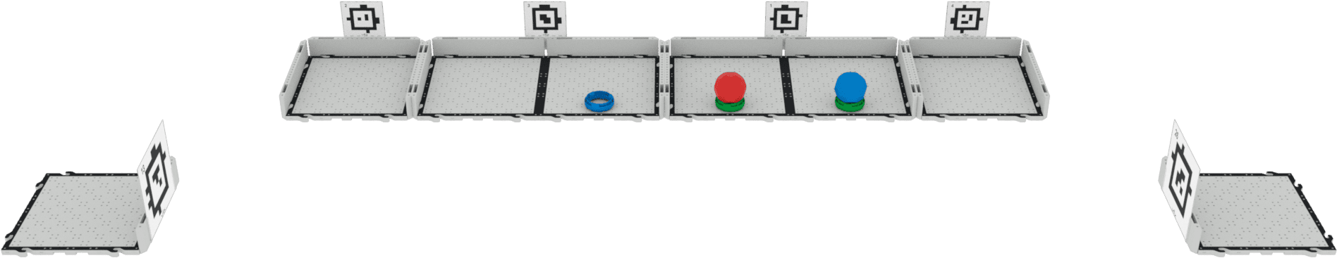 Setup for the challenge shows an EXP Tile with an april tag standing up on the bottom left and right corners to mark the boundaries. Along the top are 6 EXP Tiles divided into 4 areas with walls. Each area has an AprilTag standing up above the back wall. In the third area one red and one blue buckyball rest on a green right on each tile. In the second area a blue ring sits on the right tile.