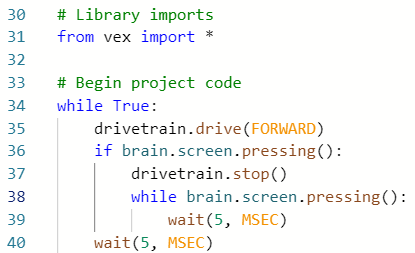 Image of a VEXcode V5 Python project with an if statement in it