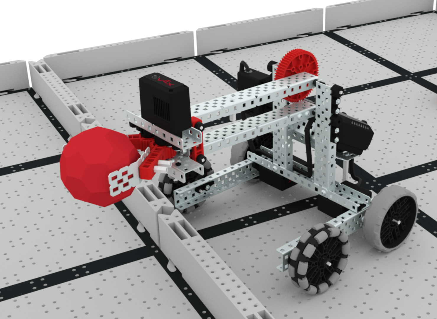 Un Clawbot moviendo una Buckyball sobre una barrera al otro lado del campo.