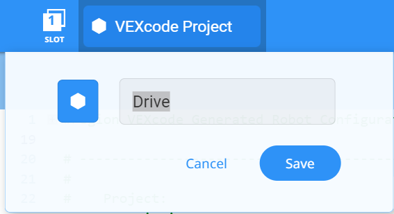 Image of the project name dialog box and save button