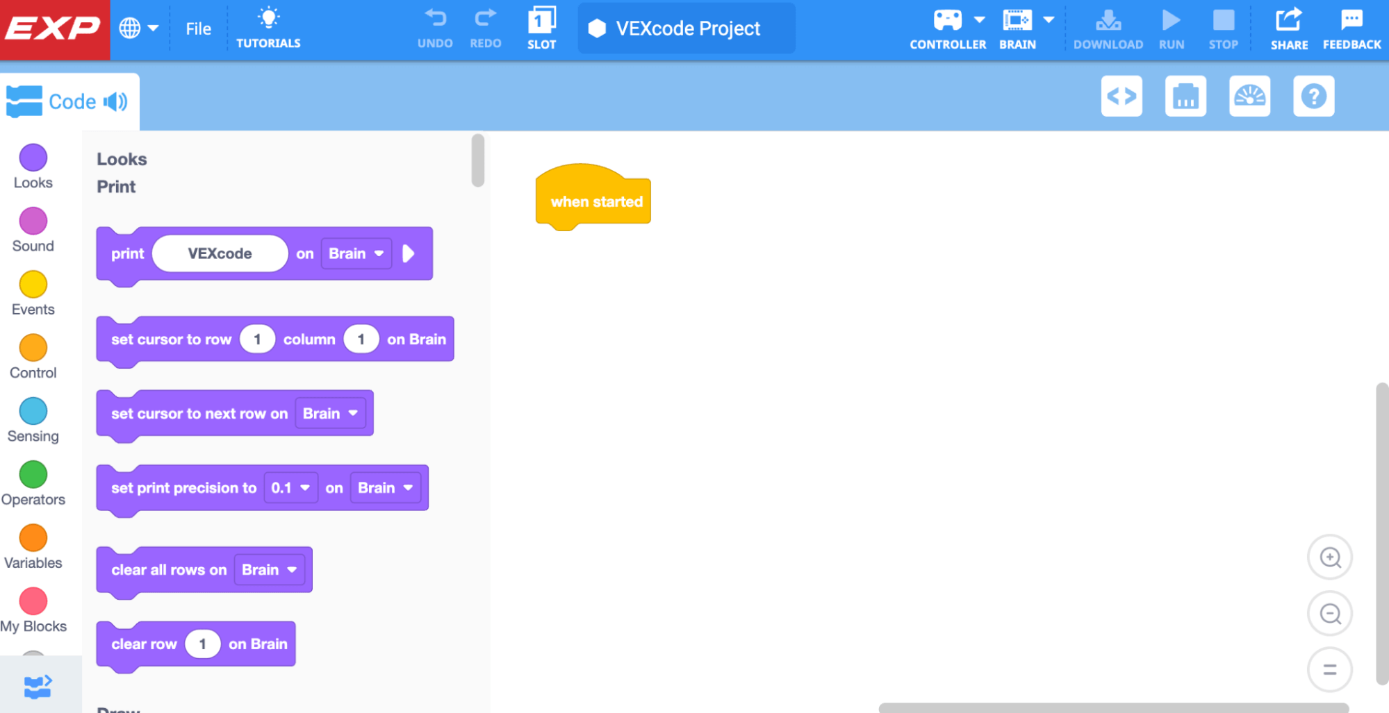 VEXcode EXP interface.
