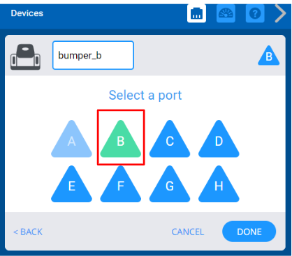 Image of the device configuration for the bumper switch with port B highlighted