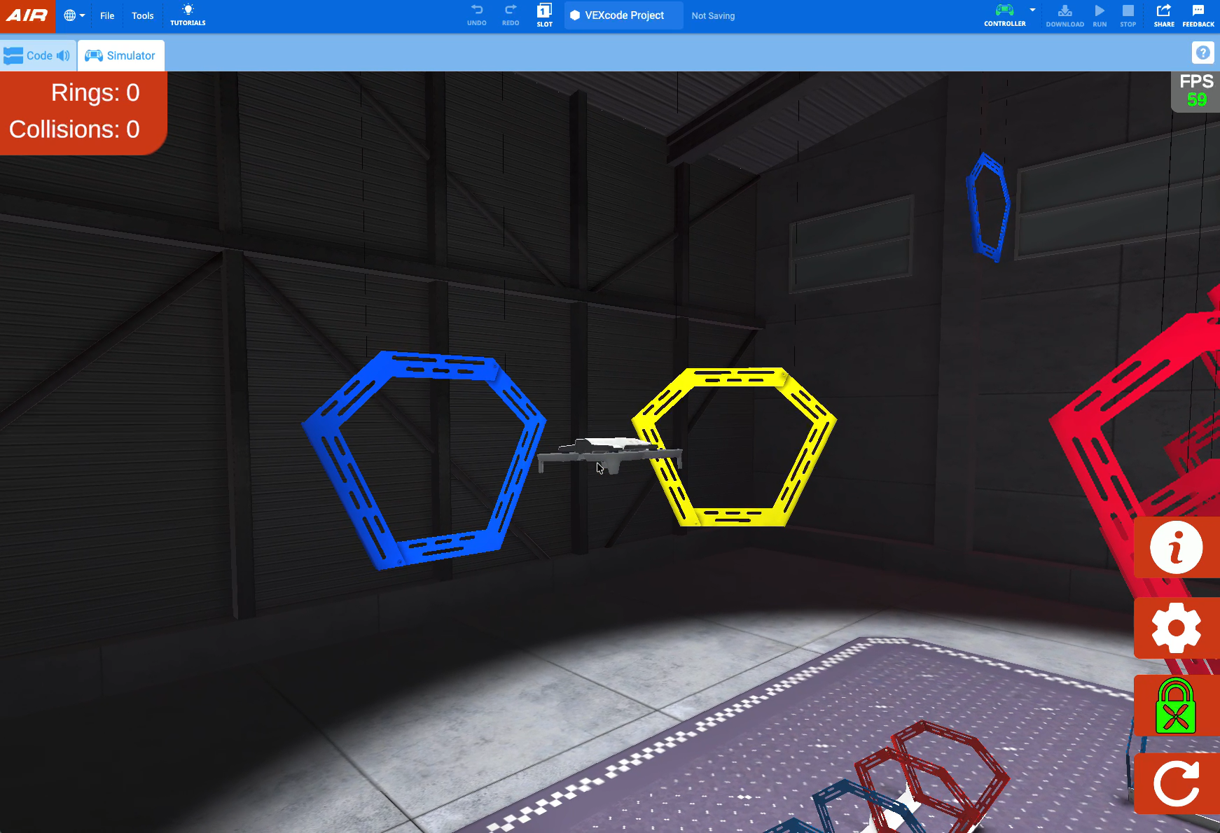 VEX AIR Simulator window with the VEX AIR drone rolling towards the blue ring that is to the left of the platform.