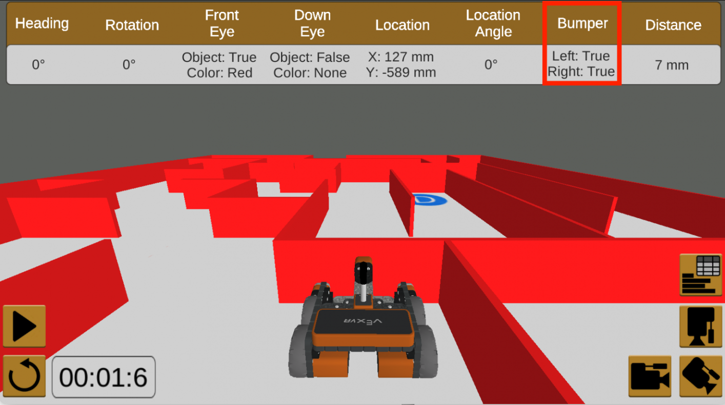 The Wall Maze Playground showing the Playground's dashboard when the front of the VR Robot is touching a wall. The Bumper Sensors in the playground's dashboard are highlighted with a red box, reporting True, saying that they are both being pressed.
