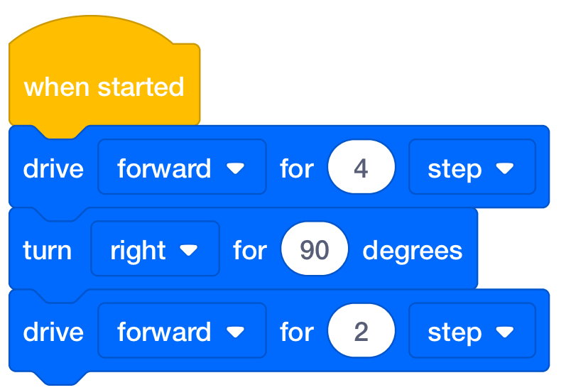 VEXcode 123 Blocks solution that reads When started, drive forward for 4 steps, turn right for 90 degrees, and finally drive forward for 2 steps.