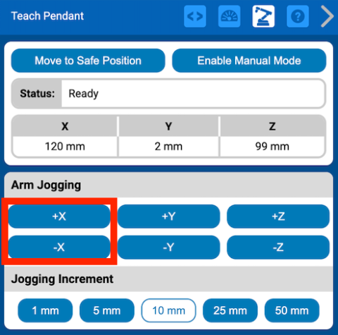 Les boutons d'incrémentation de jogging positif et négatif sur le pendentif d'apprentissage sont indiqués dans un cadre rouge.