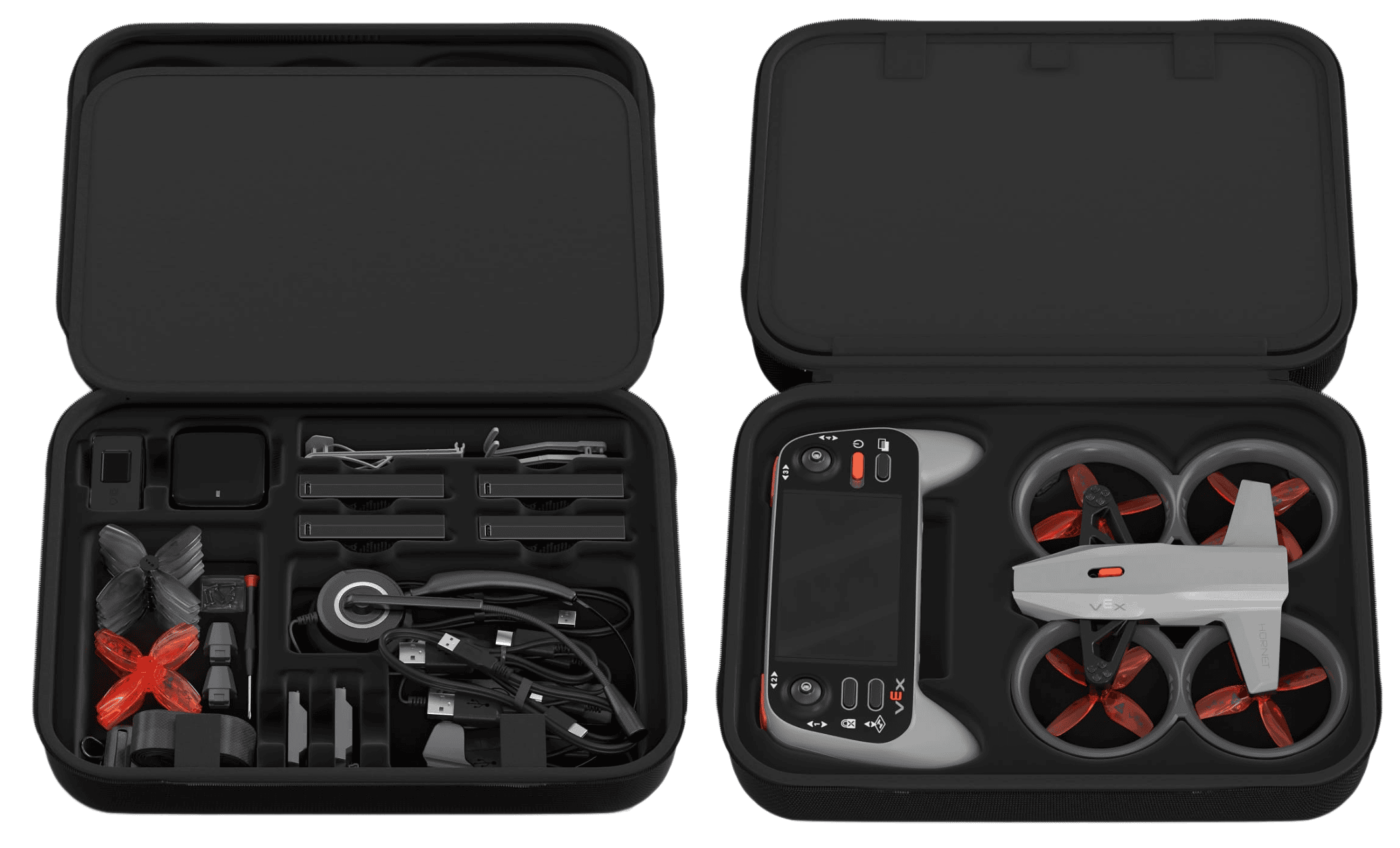 Top and bottom of a VEX AIR Drone Kit shown side by side.