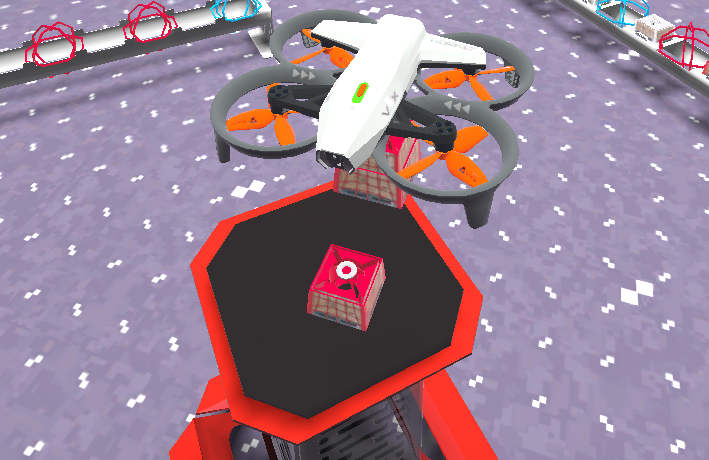 A drone carries a cargo object above the Cargo Platform on the Competition layout of the VEX AIR Flight Simulator, with a cargo already on the Platform.