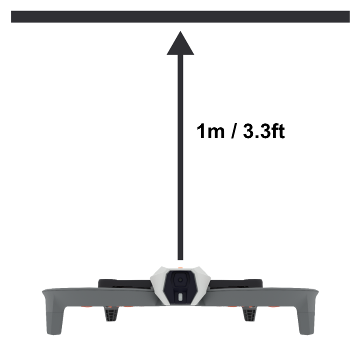 A VEX AIR drone faces the viewer, with a black line indicating a ceiling above it, with an arrow measuring 1 meter or 3.3 feet labeled, indicating the maximum z height.