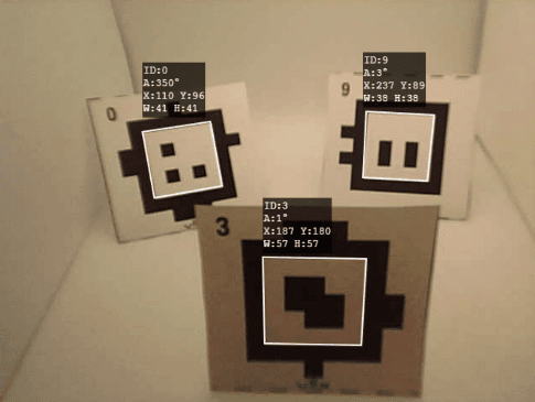Example of Three April Tags in the Snapshot window of the AI Vision Sensor with the ID, Angle, X, Y, Width and Height reported for each.