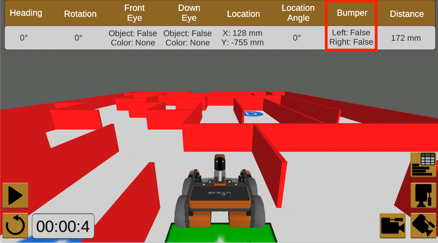 The Wall Maze Playground showing the Playground's dashboard and the VR Robot is at the starting position, not touching any of the walls. The Bumper Sensors in the playground dashboard are highlighted with a red box, reporting False, saying that they are both not being pressed.